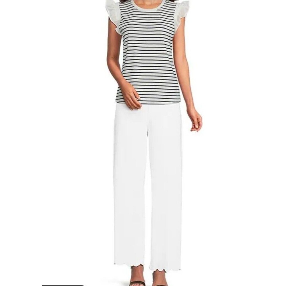 Karl Lagerfeld White Scalloped Hem Embroidered Prairie Wide Leg Pants Size 12